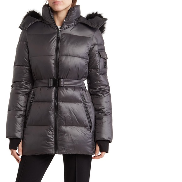 Michael Kors Faux Fur Belted Hooded Puffer Jacket In...